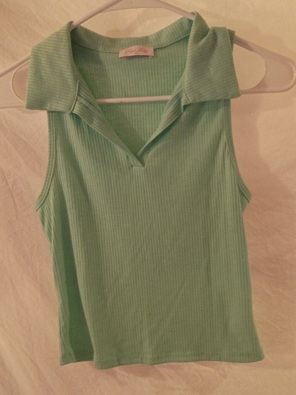 Women's X-Small Pink Lily Mint Green Ribbed Sleeveless Polo Tank Top